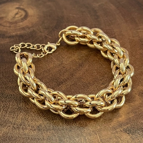 Pulseira Elos Intercalados Lisos - Banho Ouro