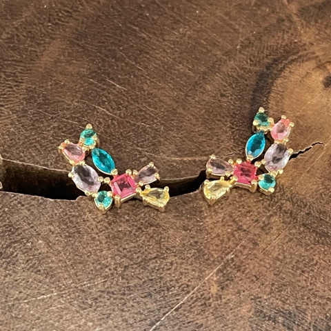 Brinco Ear Cuff Zircônia Colorida - Banho Ouro