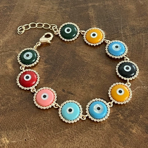 Pulseira Olho Grego Colorido e Cravejado - Banho de Ouro