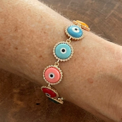 Pulseira Olho Grego Colorido e Cravejado - Banho de Ouro - comprar online
