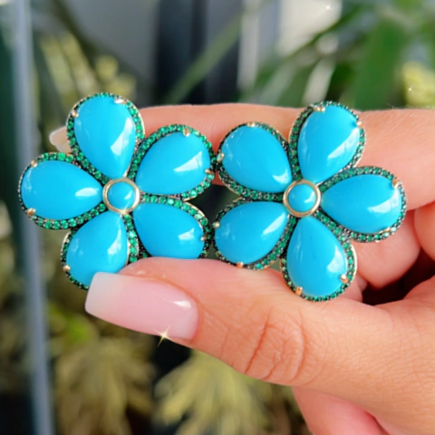 Brinco Flor Turquesa - Banho Ouro