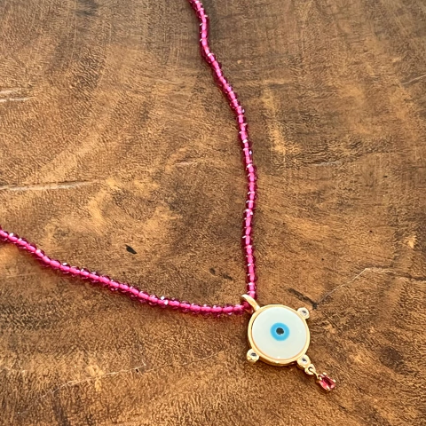 Colar Cristal Rosa e Olho Grego