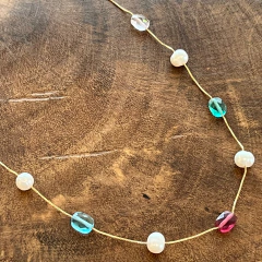 Colar Pérola e Cristais Coloridos