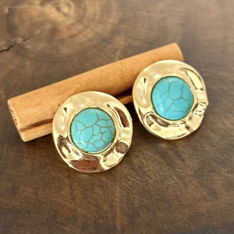 Brinco Redondo Turquesa - Banho Ouro