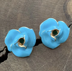 Brinco Flor Esmaltada Azul Turquesa