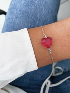 Pulseira em aço inox coração cristal vermelho - COD. HA197P - Hellô Acessórios