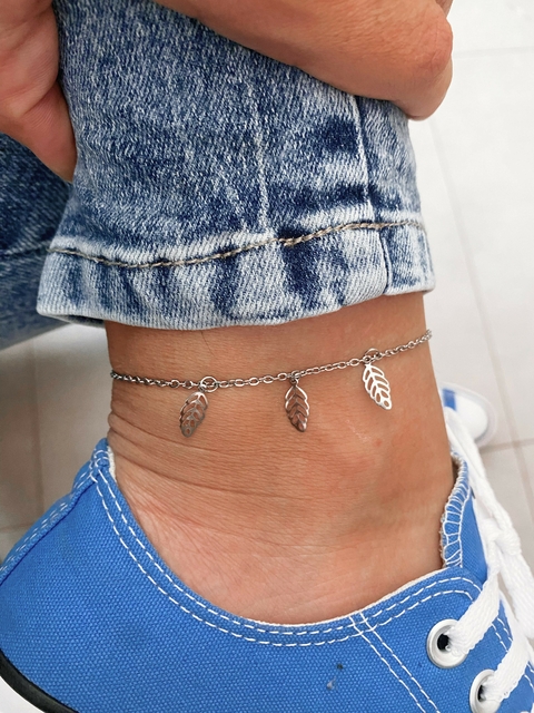 Tornozeleira em aço inox trio folhinhas vazadas - COD. HA44T