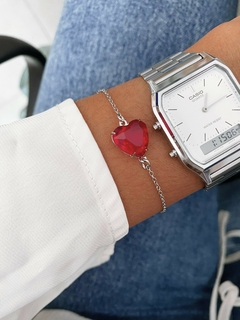 Pulseira em aço inox coração cristal vermelho - COD. HA197P - loja online