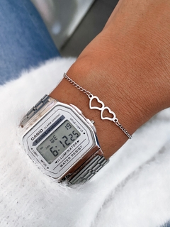 Pulseira em aço inox duo corações vazados - COD. HA12P