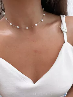 Colar em aço inox pérolas corações - COD. HA71C - Hellô Acessórios