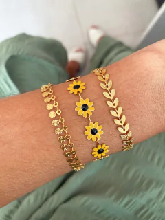 Pulseira em aço inox dourado ramo folhas - unidade - COD. HA141P - Hellô Acessórios