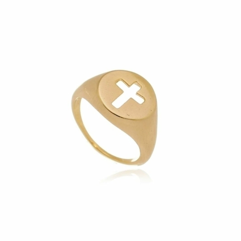 Anel Dedinho Crucifixo Vazado Folheado a Ouro 18 k