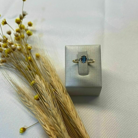 Anel Pedra Azul Cravejado Folheado a Ouro 18 k