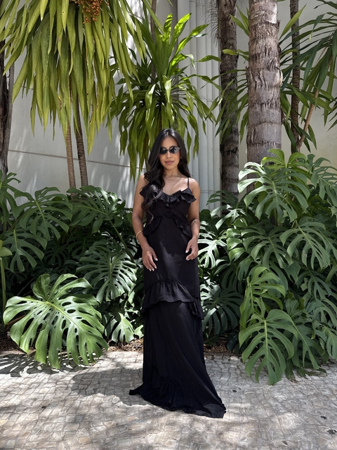 Vestido longo com babados - preto - comprar online