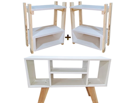 Combo 2 Mesa De Luz + Rack Tv Nordico Living Dormitorio
