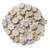 Mandala do Divino com flores brancas de miolos amarelos em madeira de Artesanato de Minas Gerais