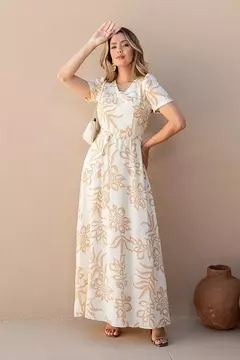 VESTIDO LONGO BEGE CLARO FLOR BEGE