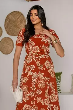 VESTIDO LONGO CARAMELO FLOR BEGE - comprar online