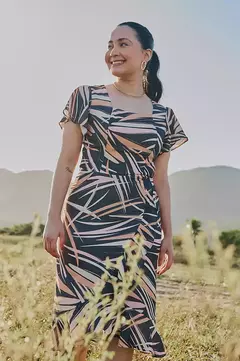 VESTIDO PLUS CINZA FOLHA BEGE