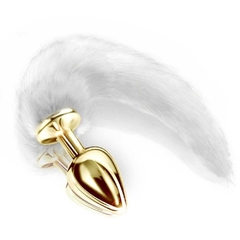 Plug de metal dourado com rabo branco