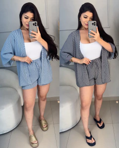 CONJUNTO LISTRADO KIMONO + SHORTS - comprar online