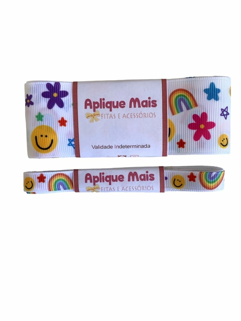 KIT FITA GORGURÃO YAMA ESTAMPADA EMOJI E FLORZINHAS (38MM/10MM) - 1 METROS DE CADA