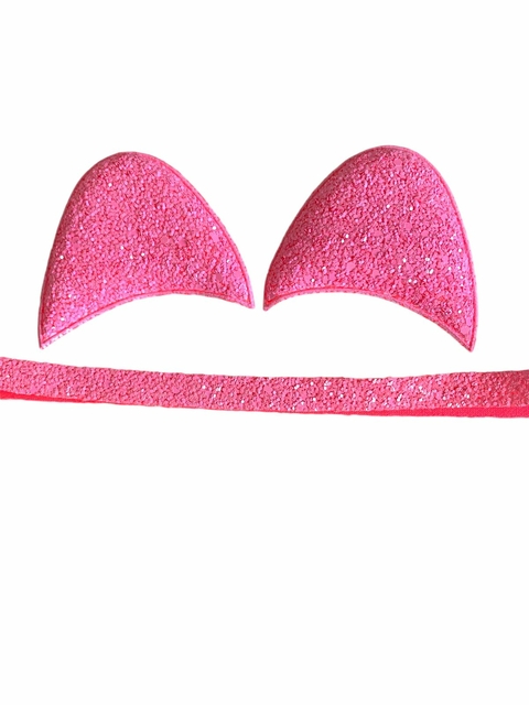 APLIQUE ORELHA GATINHO FLOCADA ROSA NEON - O PAR E TIRA PARA TIARA