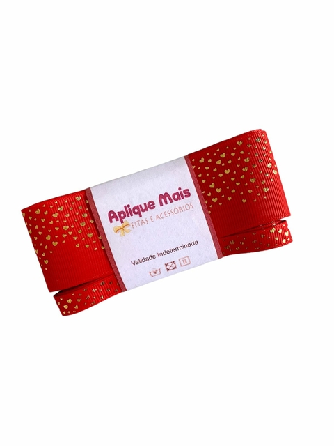 KIT FITA GORGURÃO VERMELHA CORAÇÃO DOURADO YAMA (38MM/10MM) - 1 METRO DE CADA