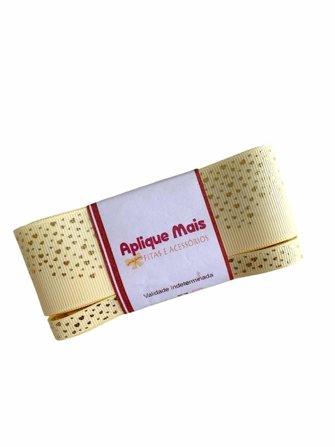 KIT FITA GORGURÃO CREME CORAÇÃO DOURADO YAMA (38MM/10MM) - 1 METRO DE CADA