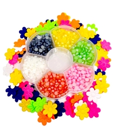 KIT PÉROLAS E FLORZINHAS DE TECIDO NEON