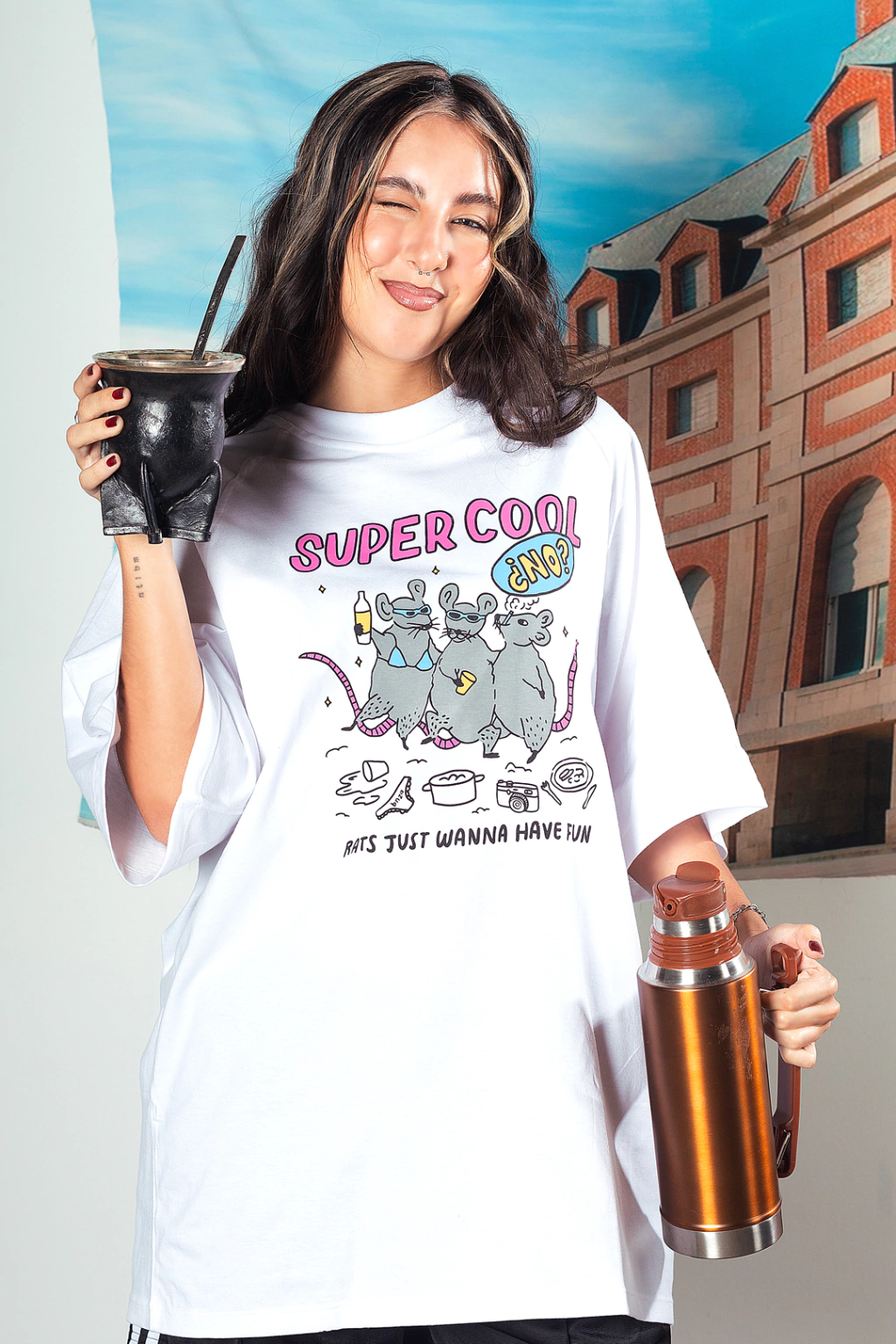 REMERA RATS HAVING FUN BLANCA