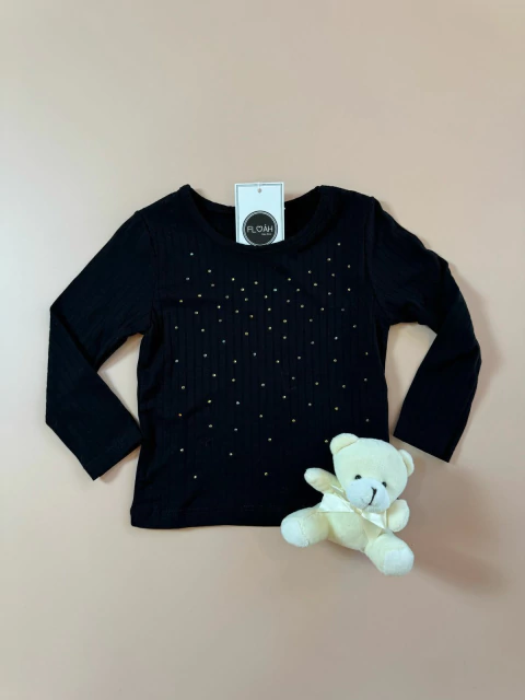 CAMISETA MANGA LONGA PRETA CANELADA COM STRASS | 1 AO 6 - comprar online