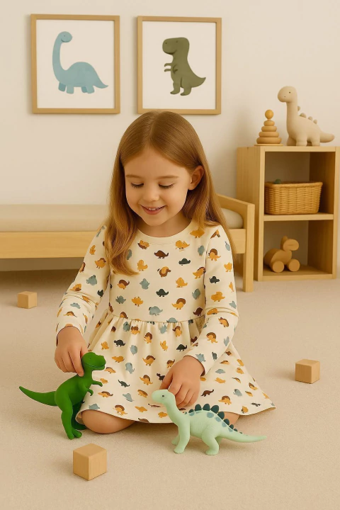 Vestido Manga Longa Estampa Dinossauro Canelado - comprar online