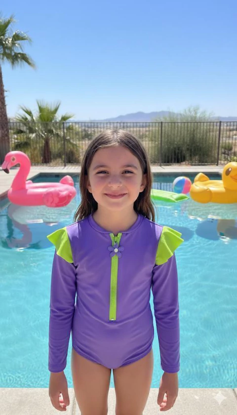 Maiô Zíper Lilás com Babado Neon Florzinha