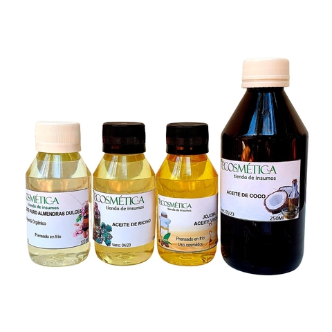 Kit Aceites Vegetales Puros Coco - Ricino - Almendras - Jojoba Golden