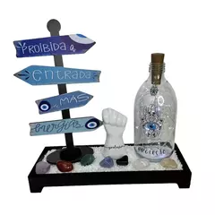 Kit PROTEÇÃO (5 itens) - Jardim Zen Preto, Garrafa LED Hamsá, Kit 7 Chakras Rolado, Figa Proteção, Seta de Mesa