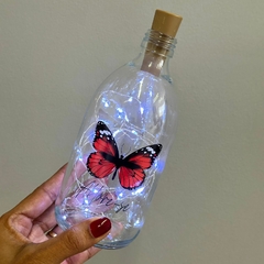 Garrafa de Vidro 500ml com LED - Borboleta Vermelha "Aflore-se"