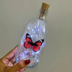 Garrafa de Vidro 500ml com LED - Borboleta Vermelha "Aflore-se"