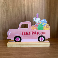 Enfeite de Mesa MDF e Pinus 15cm - Feliz Páscoa Carro