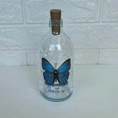 Garrafa de Vidro 500ml com LED - Borboleta Azul "Permita-se"