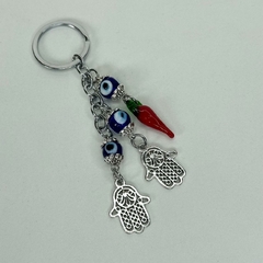 Chaveiro Amuleto - Olhos Gregos, Pimenta e Hamsá - MARA ROCHA DECORAÇÃO