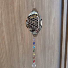 Mandala Aço Inox com Cristais dos 7 Chakras 35cm - Flor da Vida - MARA ROCHA DECORAÇÃO