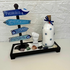 Kit MINHA PAZ (5 itens) - Jardim Zen Preto, Garrafa Amuleto Olhos Gregos, Kit 7 Chakras Rolado, Figa Proteção, Seta de M