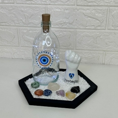 Kit HARMONIA DIVINA (4 Itens) - Jardim Zen Preto, Garrafa LED OG Central, Kit 7 Chakras Rolado, Figa OG Proteção