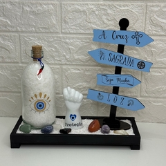 Kit Proteção Divina(5 itens) - Jardim Zen Preto, Garrafa Amuleto Olhar P, Kit 7 Chakras, Figa Proteção, Seta de M - MARA ROCHA DECORAÇÃO