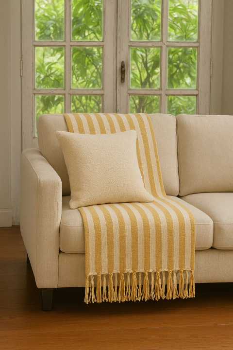 Manta de Sofá/Cama Solteirinho - Cru com Mostarda 1,35x2,40m - comprar online