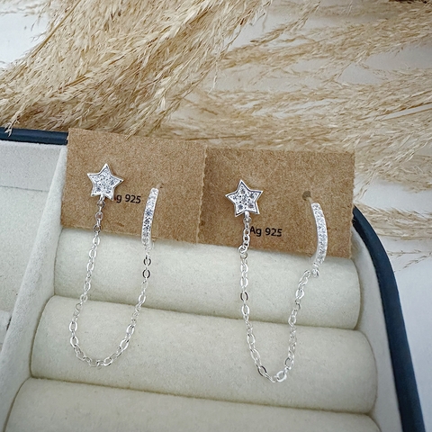 Brinco 2 Furos Estrela e Argola Cravejada Em Prata 925