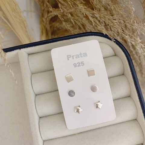 Trio Brincos Formas e Estrela Em Prata 925