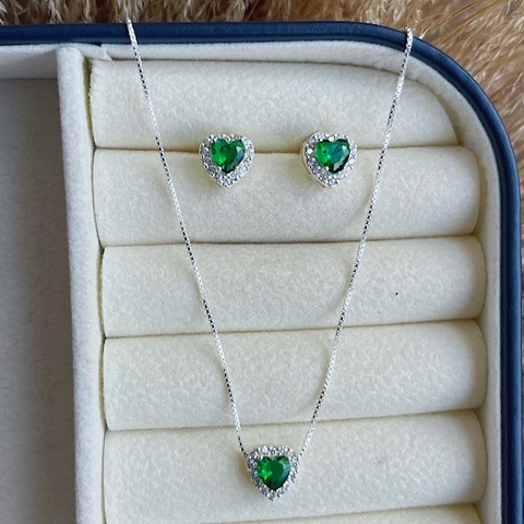 Conjunto Ponto de Luz Coração Verde Escuro Borda Cravejada em Prata 925 - comprar online