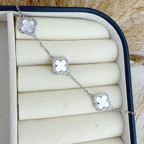 Pulseira 4 Trevos Van Clef Madrepérola Borda Cravejada Em Prata 925